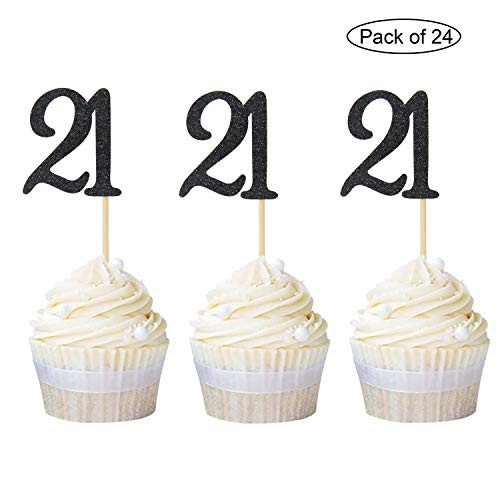 Newqueen Numbers 21 Cupcake Toppers Black Glitter 21th Birthday Cupcake Picks Party Decoration Supplies 24 PCS