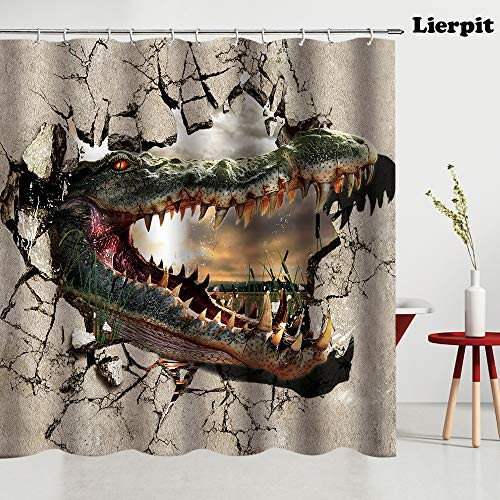 Lierpit Jurassic Decor Collection, A Tyrannosaurus Rex Pokes His Head Through Paper Wall Dinosaurs Extinct Large Image, Polyester Fabric Bathroom Shower Curtain Set with Hooks, Olive White 6970inches