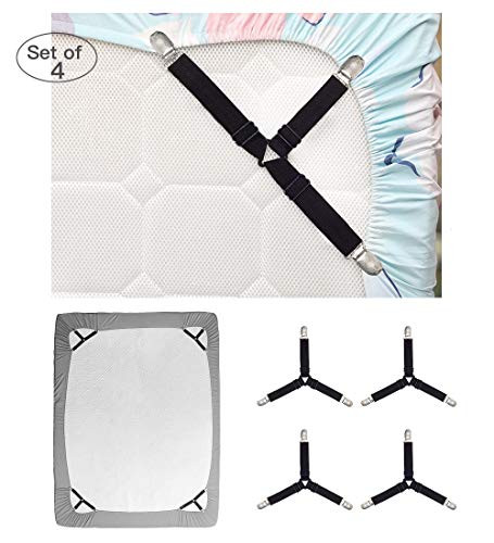 Bed Sheet Holder Straps, Adjustable Bed Sheet Fastener and Triangle Elastic Mattress Cover Clips Suspenders Grippers Fasteners Heavy Duty Keeping Sheets Place for Flat Sheets, Fitted Sheets (4 PCS)
