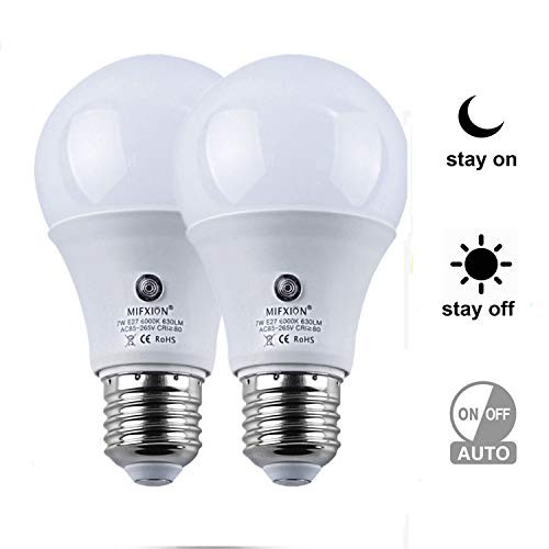 Dusk to Dawn Light Bulbs, Auto ON/Off LED Smart Bulbs 7W A19 6000K, 60W Equivalent, Porch Light Bulbs for Yard Patio Garage Garden 2 Pack by Mingfuxin