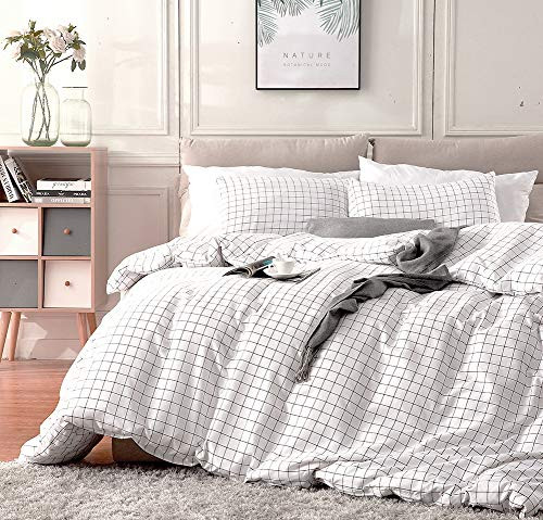 Fire Kirin Queen Duvet Cover Set with Zipper Closure 3Pcs (1 Duvet Cover + 2 Pillowcases) Modern Mini Black and White Grid Checkered Pattern Bedding Cover Set