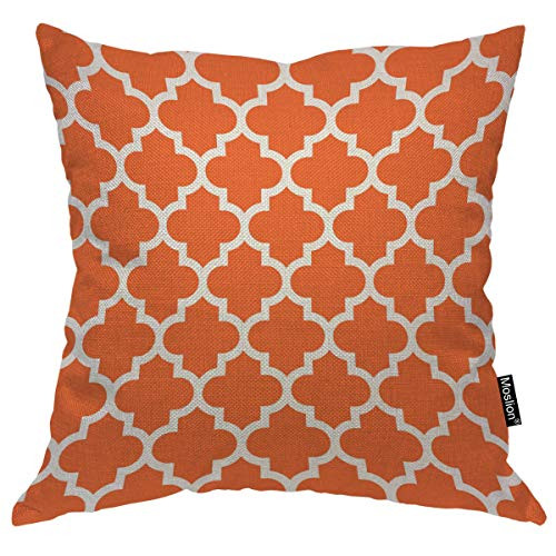 Moslion Throw Pillow Cover Moroccan Quatrefoil Pattern 18x18 Inch Geometric Fashion Style Orange White Square Pillow Case Cushion Cover for Home Car Decorative Cotton Linen