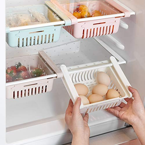 STARSLIFE Retractable Drawer Type Refrigerator Storage Box Food Fresh-keeping Classified Organizer Container Basket Fridge Shelf Holder Plastic Storage Bins, Fit for Fridge Shelf Under 0.5" - White