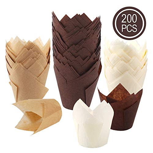 BAKHUK 200pcs Tulip Cupcake Baking Cups, Muffin Baking Liners Holders, Cupcake Wrapper, Brown, White and Nature Color