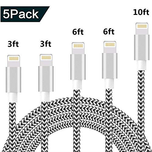 Sharllen iPhone Charger MFi Certified Lightning Cable 3/3/6/6/10FT 5Pack Nylon Braided USB Fast iPhone Charging Cable&Syncing Long Cord Compatible iPhoneXs/Max/XR/X/8/8P/7/7P/6/iPad/iPod(Black&Silver)