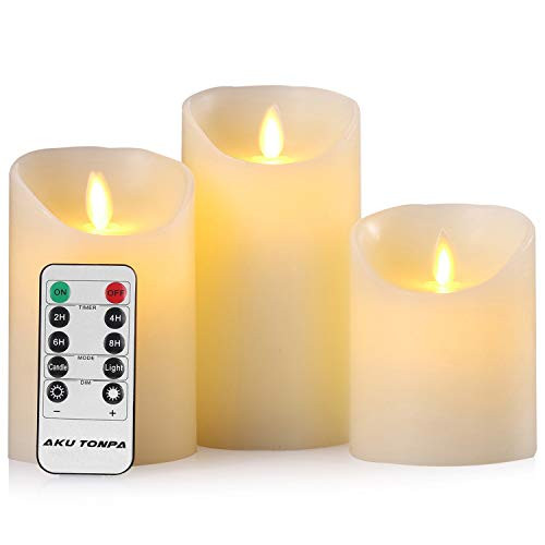 Aku Tonpa Flameless Candles Battery Operated Pillar Real Wax Flickering Moving Wick Electric LED Candle Sets with Remote Control Cycling 24 Hours Timer, 4" 5" 6" Pack of 3