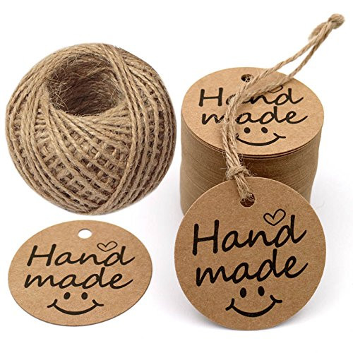 Hand Made Tags, 100 PCS Kraft Paper Gift Tags Round Tags with 100 Feet Natural Jute Twine (Brown)