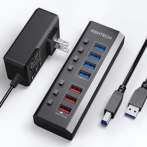 RSHTECH Powered USB Hub 7 Ports USB 3.0 Hub with 4 High Speed Data Transfer Ports + 3 Fast Charging Ports and Individual On/Off Switches(A37-Black)