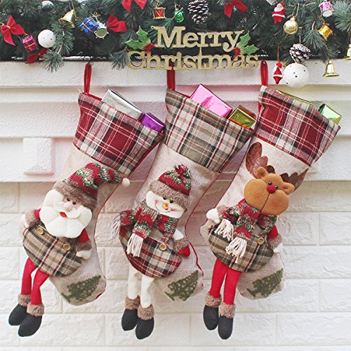Aitey Christmas Stocking, Set of 3 Santa, Snowman, Reindeer, Xmas Character 3D Plush with Faux Fur Cuff Christmas Decorations and Party Accessory