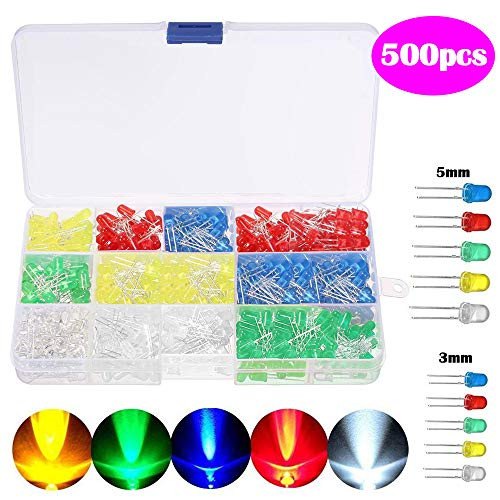 Anburt LED Light Emitting Diodes, 500pcs 3mm 5mm 2pin Light Emitting Diodes Round Head LED Lamp Assorted Color Diodes Resistor Kit Round Assorted Color White/Red/Yellow/Green/Blue Kit Box