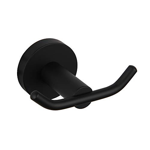 Bathroom Matte Black Coat Hook SUS 304 Stainless Steel Double Towel/Robe Clothes Hook for Bath Kitchen Modern Hotel Style Wall Mounted 2 Pack