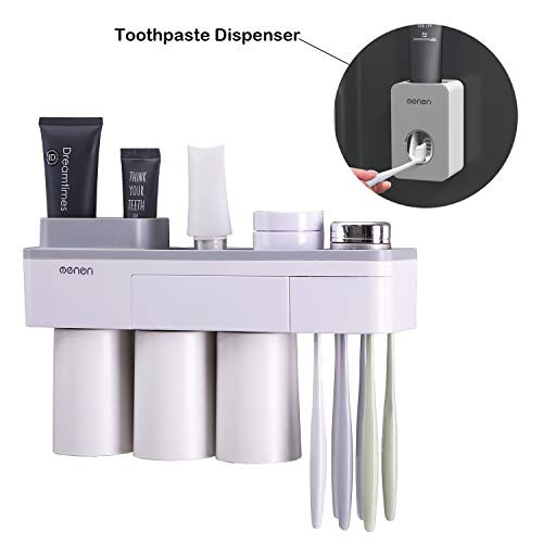 BHeadCat Upgrade Toothbrush Holder and Automatic Toothpaste Dispenser Squeezer, Wall Mounted Space Saving Toothbrush Organizer with Dustproof Cover,3 Magnetic Cups and Cosmetic Organizer and Drawer