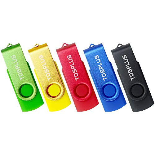 TOSPLUS 5 Pack 32GB USB Flash Drive USB 2.0 Thumb Drives Memory Stick Data Storage Jump Drive Swivel Design (Black/Green/Blue/Red/Gold)