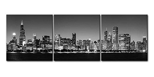 Youk-art Canvas Print Modern Wall Art Picture For Home Decor Bathroom Living Room Bedroom Black & White Chicago Skyline Night Buildings Cityscape Coastline 3 Pieces Paintings Framed Artwork (black)