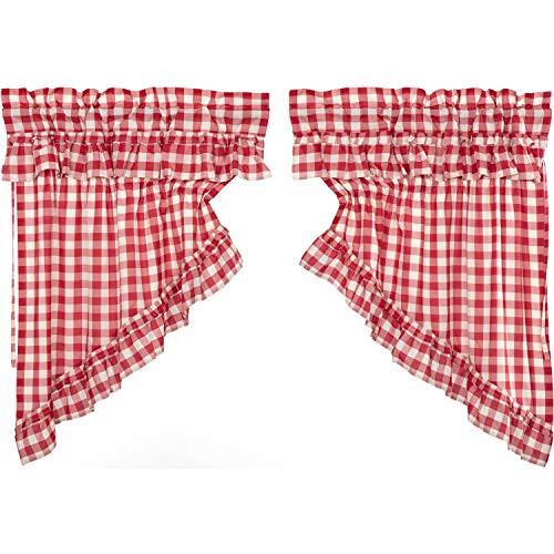 VHC Brands Farmhouse Kitchen Curtains Annie Rod Pocket Cotton Drawstring Ties Buffalo Check Prairie Swag Pair Red Country VHC Brands Farmhouse Kitchen Curtains Annie Rod Pocket Cotton Drawstring Ties Buffalo Check Prairie Swag Pair Red Country