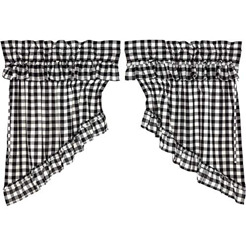 VHC Brands Farmhouse Kitchen Curtains Annie Rod Pocket Cotton Drawstring Ties Ruffling Buffalo Check Prairie Swag Pair Black Country VHC Brands Farmhouse Kitchen Curtains Annie Rod Pocket Cotton Drawstring Ties Ruffling Buffalo Check Prairie Swag Pair Black Country