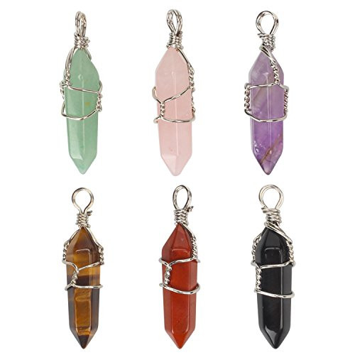 SPUNKYCHARMS Wholesale 6 PCS Assorted Natural Quartz Pendant Wire Wrapped Crystal Healing Chakra Reiki Charm Bulk for Jewelry Making