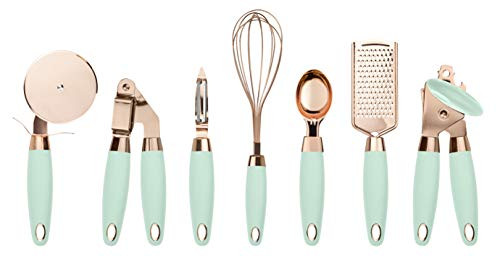 COOK With COLOR 7 Pc Kitchen Gadget Set Copper Coated Stainless Steel Utensils with Soft Touch Mint Handles