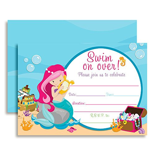 Mermaid Birthday Party Invitations, 20 5"x7" Fill in Cards with Twenty White Envelopes by AmandaCreation