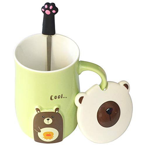 16 oz Cute Ceramic Coffee Mug with Lid, Cute Coffee Mugs for Women, Hot Tea Mug (bear cup green)