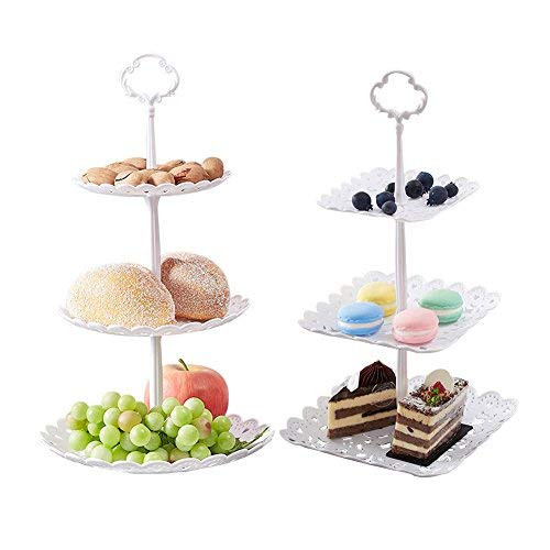 2 Set of 3-Tier Cake Stand and Fruit Plate Cupcake Plastic Stand White for Cakes Desserts Fruits Candy Buffet Stand for Wedding & Home & Birthday Party Serving Platter