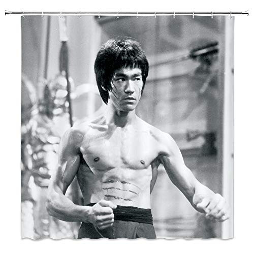 AMNYSF Chinese Kongfu Bruce Lee Decor Shower Curtain Retro Black and White Style Famous Movie Star Portrait,70x70 Inch Waterproof Polyester Fabric Bathroom Accessories Curtains with 12pcs Hooks