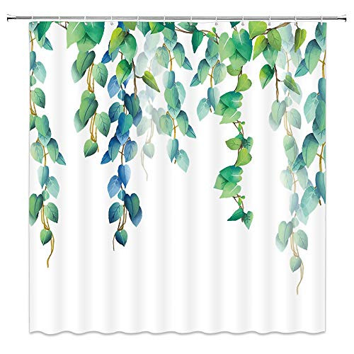 AMNYSF Leaf Shower Curtain Watercolor Plants Green Blue Tree Leaves Vines Decor White Fabric Bathroom Curtains,Waterproof Polyester with Hooks 70x70 Inch