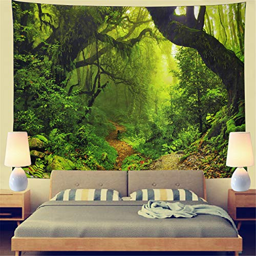 Misty Forest Tapestry Magical Nature Green Tree Wall Tapestry Rainforest Landscape Tapestry Wall Hanging Bohemian Psychedelic Tapestry for Bedroom Living Room Dorm (XL-70.8" × 94.5", Forest)