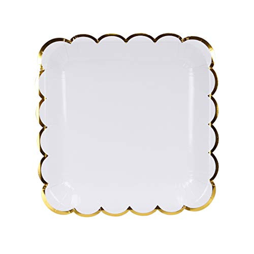 Geeklife White Paper Plates Set, Gold Paper Party Plates with Metallic Gold Border, 9 inch Paper Dessert Plates, Simple White Decorative Plates Set, 20 count