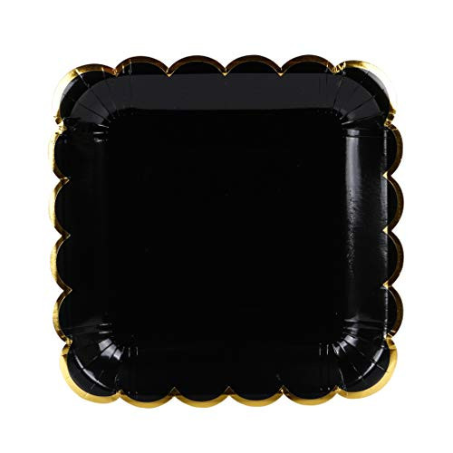 Geeklife Mysterious Black Paper Plates with Metallic Gold Border, 9 inch Paper Dessert Plates, Gold Decorative Plates Set, 20 count