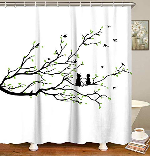 LIVILAN Bathroom Curtains Set with 12 Hooks Black Tree Branch Shower Curtain Fabric Bath Curtain Home Decoration Heavy Duty Bathroom Accessories,70.8" x 70.8" White