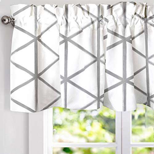DriftAway Raymond Geometric Triangle Trellis Pattern Lined Thermal Insulated Energy Saving Window Curtain Valance for Living Room, 2 Layer, Rod Pocket, 52"x18"+2Header (Soft White and Gray)