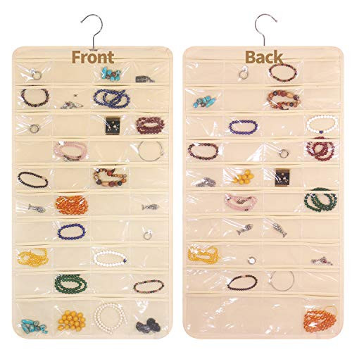 KIMIANDY 80 Pockets Hanging Jewelry Organizer for Women, Storage Bag for Earrings Necklace Bracelet Ring Accessory Display Holder, Beige