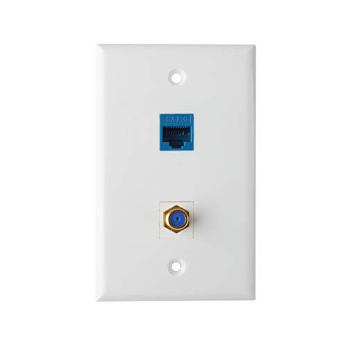TENINYU 2-Pack Ethernet Coax Wall Plate - Cat6 Coax Wall Plate with 1 Ethernet Port + 1 TV Coax Cable/F-Type Connector - White