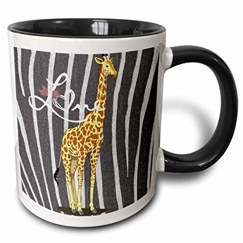 3dRose mug_59917_4"Zebra Print Giraffe with Love - Inspired Animal Art - Childrens Décor" Two Tone Black Mug, 11 oz, Multicolor