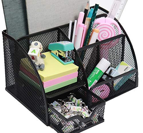 Snow Cooler Mesh Pen Organizer Pencil Organizer Desk Office Organizer, Pen Holder for Desk 7 Compartments, Black