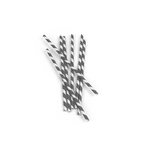 Kikkerland Biodegradable Paper Straws, Gray and White Striped, Box of 144