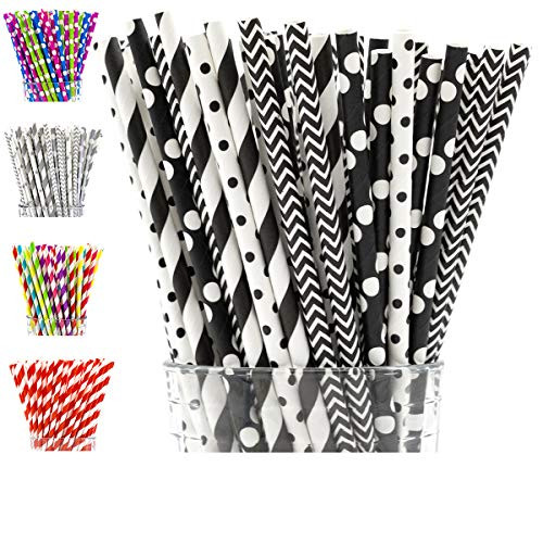 PGK 200-Box Paper Straws Biodegradable, Black and White Paper Straws in Striped, Chevron, Polka Dot - Bulk Black Paper Straws, Black and White Party Supplies and Decorations