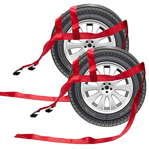 Bang4buck 2 Pieces Universal Adjustable Tie Down Tow Dolly Basket Straps for Demco Kar Kaddy Dollys with 2 Flat Hooks (Red-Rachet Strap)