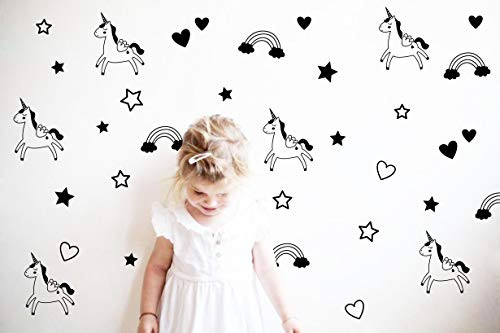 Unicorn Rainbow Star Heart Wall Decal,Removable Vinyl Wall Stickers for Baby Kids Boys Girls Bedroom Nursery Decor(A13) (Black)