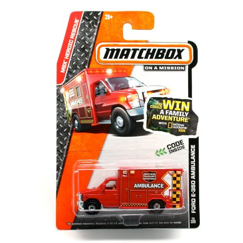Matchbox FORD E-350 AMBULANCE (Red) * MBX Heroic Rescue * 2014 on a Mission 1:64 Scale Basic Die-Cast Vehicle (#75 of 120)