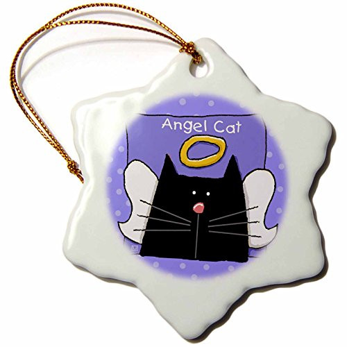 3dRose orn_36660_1 Angel Black Cat Cute Cartoon Pet Loss Memorial Snowflake Decorative Hanging Ornament, Porcelain, 3-Inch