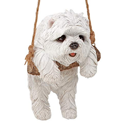 Design Toscano White Maltese Puppy on a Perch Hanging Dog Sculpture, 8 Inches, Full Color