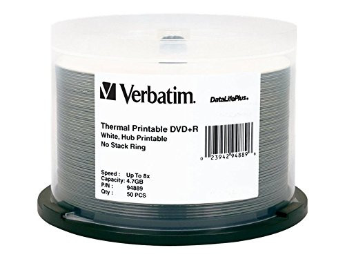 Verbatim DVD+R 4.7GB 8X DataLifePlus White Thermal Printable, Hub Printable - 50pk Spindle
