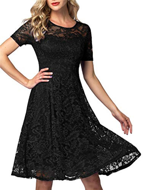 AONOUR Women's Vintage Floral Lace Elegant Cocktail Formal Swing Dress with Short Sleeve Black XL