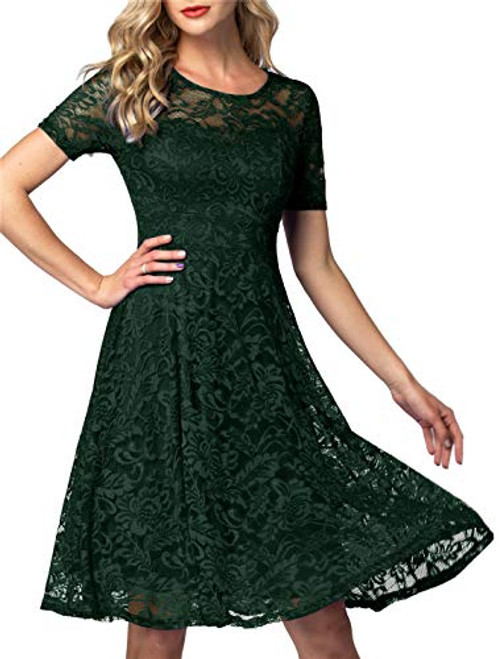 AONOUR Women's Vintage Floral Lace Elegant Cocktail Formal Swing Dress with Short Sleeve Dark Green 2XL