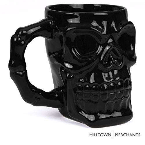 Milltown Merchants&trade; Black Skull Mug - Skull Beer Stein Tankard - Ceramic Skull Coffee Mug - Gothic Beer Mug - HUGE 32 Ounce Capacity