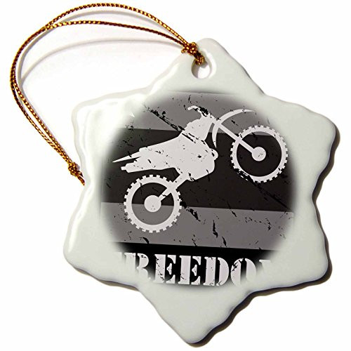 3dRose orn_180541_1 Black and White Distressed Dirt Bike Freedom Vector Graphic Image-Snowflake Ornament, Porcelain, 3-Inch