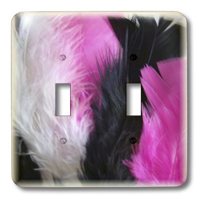 3dRose lsp_38231_2 Double Toggle Switch with Black, Pink and White Feathers in Soft White Frame