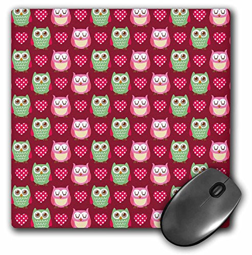 3dRose LLC 8 x 8 x 0.25 Inches Cute Green and Pink Owls with Polka Dot Hearts for Valentines Day Or Owl Lovers, Mouse Pad (Mp_116466_1)